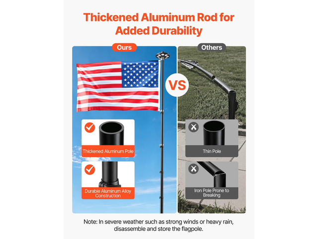 VEVOR Flag Pole, 25ft Heavy Duty Telescopic Flagpole Kit with 136 LED Solar Light for Outside House In Ground, Outdoor Aluminum Flagpole with 3x5...