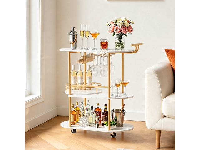 VEVOR Bar Cart, 3 Tiers Home Kitchen Serving Carts, Modern Round Rolling Utility Station on Wheels, Mobile Drink Beverage Trolley w/ Wooden Shelf,...