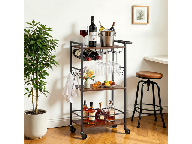 VEVOR Bar Cart, 3 Tiers Home Kitchen Serving Carts, Industrial Rolling Utility Station on Wheel, Mobile Drink Beverage Shelf with Wine Rack & Glass...
