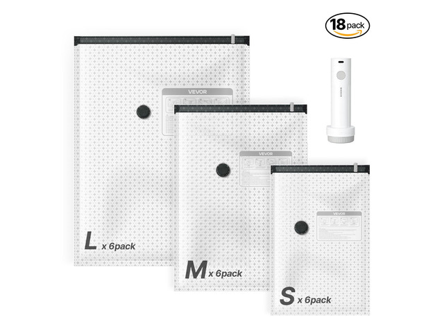 VEVOR Vacuum Storage Bags, 18 Pack Space Saver Vacuum Seal Bags for Clothing, with Pump and Charging Cable, Double Zipper Seal, Thickened PA and...