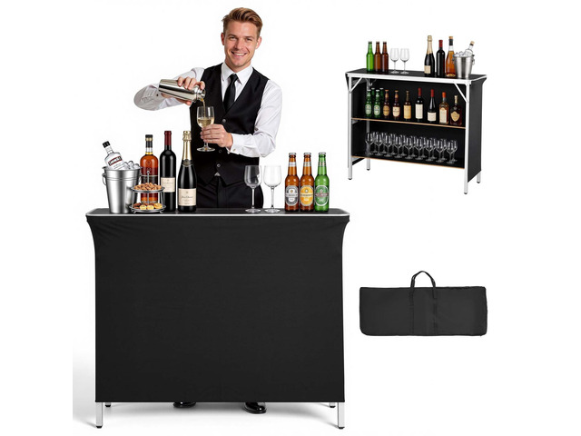VEVOR Folding Portable Bar Table, 43.3 x 15.2 x 34.8 in, with Carry Bag, 2 Storage Shelves, and Detachable Skirt, Quick and Easy Setup, Foldable...