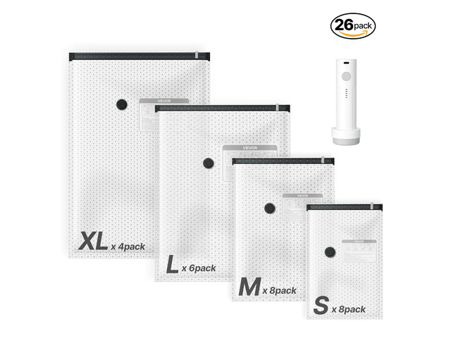 VEVOR Vacuum Storage Bags, 26 Pack Space Saver Vacuum Seal Bags for Clothing, with Pump and Charging Cable, Double Zipper Seal, Thickened PA and...
