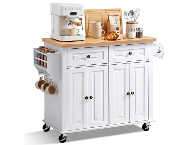 VEVOR Kitchen Island Cart with Storage, 43.7 in Wide Mobile Rolling Storage Island on Swivel Wheels, with 2 Drawers, Storage Cabinet, Spice/Towel...