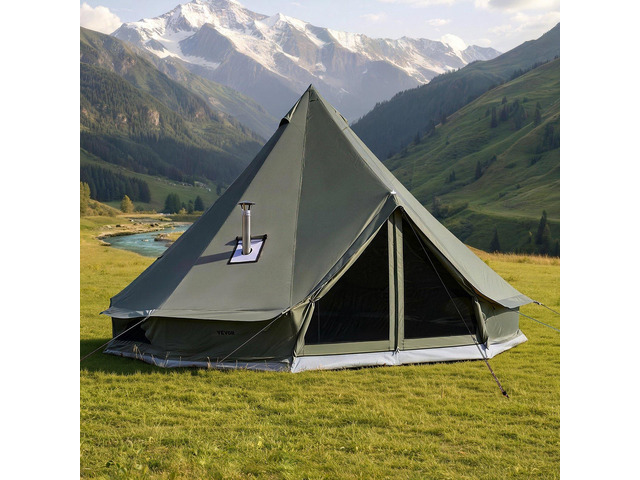 VEVOR Canvas Bell Tent, 4 Seasons 13.12 ft Yurt Tent for Camping with Stove Jack, Canvas Breathable Holds up to 4 People with Zipped Detachable...