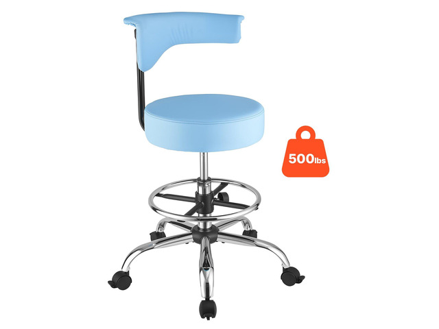 VEVOR Rolling Stool with Back Support, 500 lbs Weight Capacity, Height Adjustable, Thick Cushion Ergonomic PU Leather Seat, 360° Swivel Round...