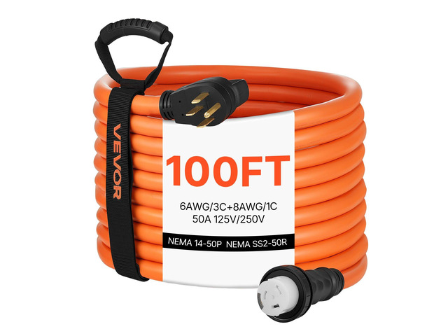 VEVOR 50 Amp Generator Cord, 100 Feet, 125/250V RV Power Cord NEMA 14-50P to SS2-50R with Twist Lock, Grip Handle, Heavy Duty 6AWG/3 + 8AWG/1...