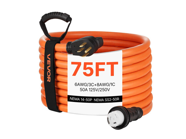VEVOR 50 Amp Generator Cord, 75 Feet, 125/250V RV Power Cord NEMA 14-50P to SS2-50R with Twist Lock, Grip Handle, Heavy Duty 6AWG/3 + 8AWG/1...