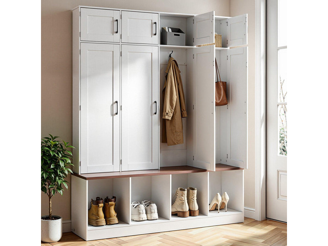 VEVOR Hall Tree with Bench and Shoe Storage, 59' Wide, 4-in-1 Entryway Hall Tree with Bench, Hanging Hooks, Storage Cabinet, and Shoe Cabinet,...