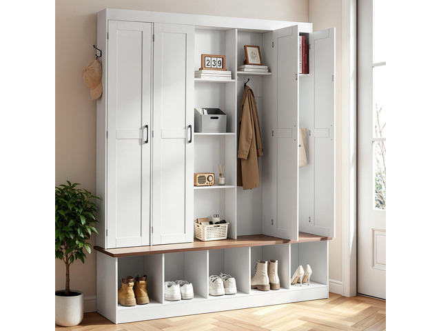 VEVOR Hall Tree with Bench and Shoe Storage, 63' Wide, 4-in-1 Entryway Hall Tree with Bench, Hanging Hooks, Storage Cabinet, and Shoe Cabinet,...