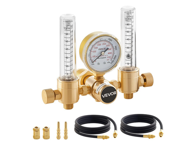 VEVOR Dual Output Argon Regulator, Argon Flow Meter Gas Regulator Gauge for TIG/MIG Welding - with 2PCS 6.6FT Rubber Hoses, 0-60 SCFH, 0-4500 PSI...