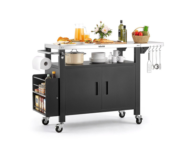 VEVOR Outdoor Grill Cart with Storage Cabinet, 55.1 Inch Grill Table, Waterproof Kitchen Island with Stainless Steel Top, Shelf, and Wheels,...
