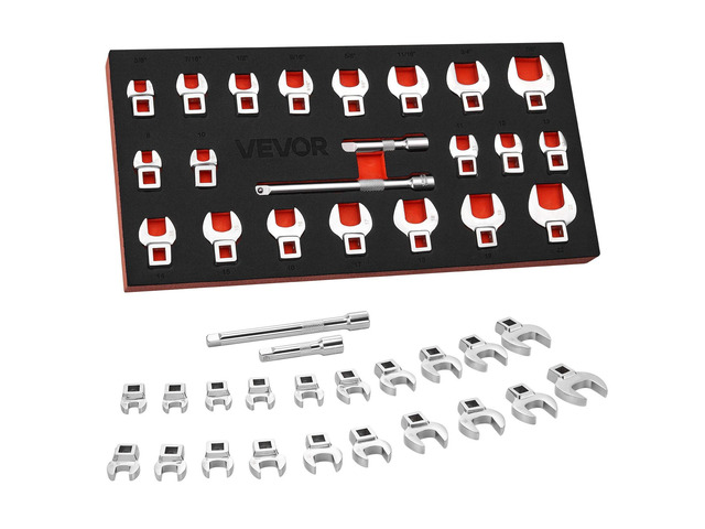 VEVOR Crowfoot Wrench Set, 3/8' Drive, 22-Piece Metric and SAE Size Crows Foot Wrenches, Cr-Mo Alloy Steel, with Storage Tray, Dual Size Markings...