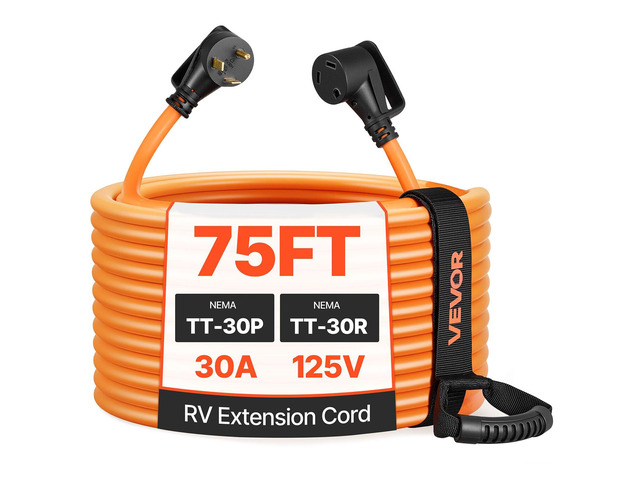 VEVOR 30 Amp 75 Feet RV Extension Cord, 125V 2500W, Heavy Duty 10/3 Gauge STW RV Power Cord, NEMA TT-30P to NEMA TT-30R, with Power Indicator, Cord...