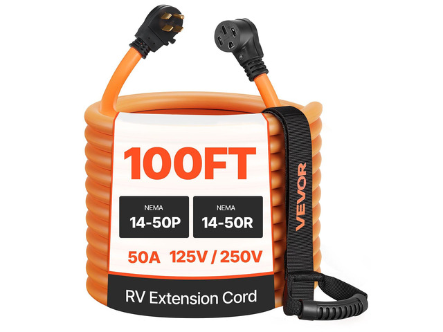 VEVOR 50 Amp 100 Feet RV Extension Cord, 125V/250V, Heavy Duty 6/3 + 8/1 Gauge STW RV Power Cord, NEMA 14-50P to NEMA 14-50R, with Power Indicator,...