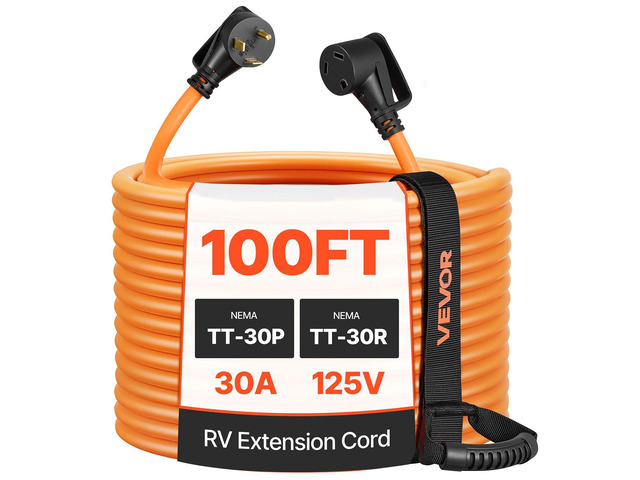 VEVOR 30 Amp 100 Feet RV Extension Cord, 125V 2500W, Heavy Duty 10/3 Gauge STW RV Power Cord, NEMA TT-30P to NEMA TT-30R, with Power Indicator,...