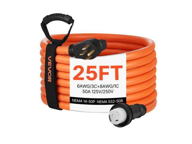 VEVOR 50 Amp Generator Cord, 25 Feet, 125/250V RV Power Cord NEMA 14-50P to SS2-50R with Twist Lock, Grip Handle, Heavy Duty 6AWG/3 + 8AWG/1...