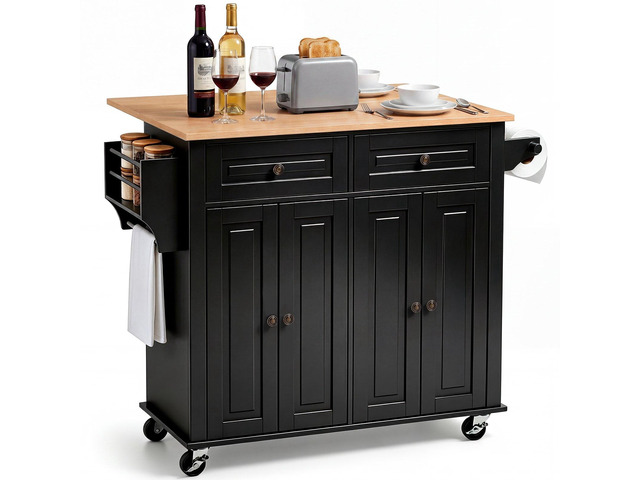 VEVOR Kitchen Island Cart with Storage, 43.58 in Wide Mobile Rolling Storage Island on Swivel Wheels, with 2 Drawers, Storage Cabinet, Drop Leaf,...