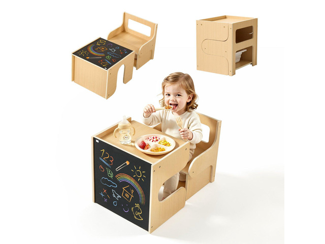 VEVOR Montessori Weaning Table and Chair Set, Wooden, Kids Table and Chair Set for Toddlers 1-5, Step Stool with Blackboard and Storage Space, Easy...