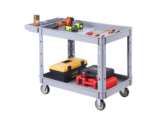 VEVOR Utility Cart, 550 lbs Capacity, 2 Tier Service Cart with 360° Swivel & Fixed Wheels (2 with Brakes), Heavy Duty Plastic Rolling with Storage...