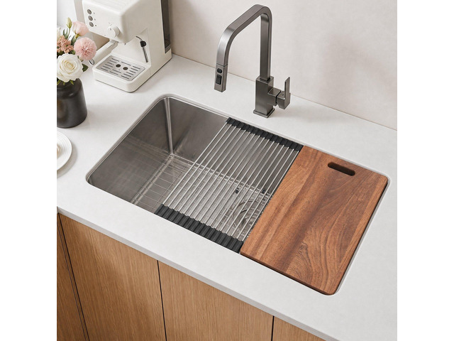 VEVOR 33-inch Kitchen Undermount Single Bowl Sinks, Stainless Steel Drop-In Farmhouse Basin with Ledge & Accessories, Household Dishwasher Sinks...