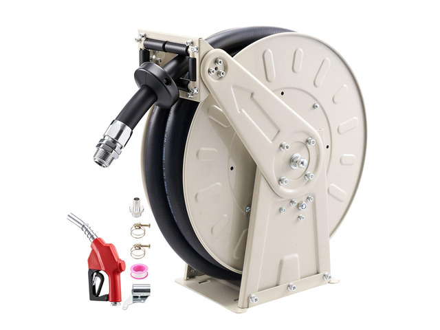 VEVOR Fuel Hose Reel, 1 inch x 33 ft Retractable, Spring Driven Auto Swivel Rewind, 300 PSI, Heavy-Duty Carbon Steel Construction with Industrial...