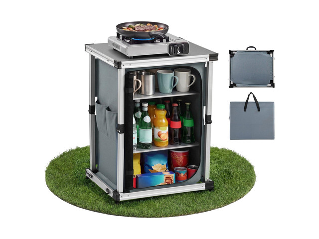 VEVOR Folding Camping Storage Cabinet, Outdoor Portable Aluminum Lightweight Table, Quick Set-up Compact Kitchen Cook Station, with 3 Shelves and...