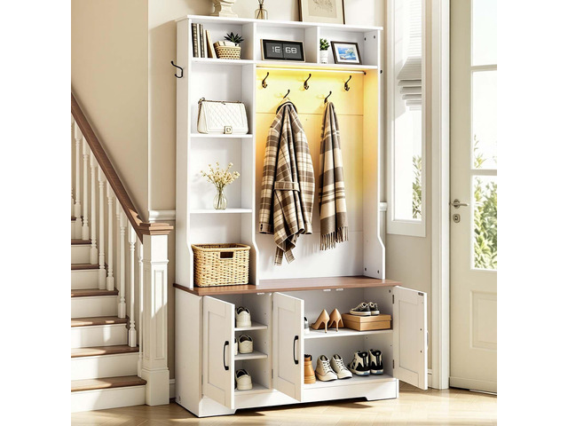 VEVOR Hall Tree with Bench and Shoe Storage, 39' Wide, Entryway Hall Tree with Bench, Hanging Hooks, Storage Shelves, Adjustable Shoe Shelves, LED...
