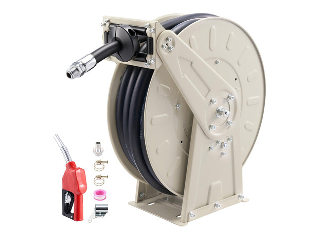 VEVOR Fuel Hose Reel, 3/4 inch x 50 ft Retractable, Spring Driven Auto Swivel Rewind, 300 PSI, Heavy-Duty Carbon Steel Construction with Industrial...