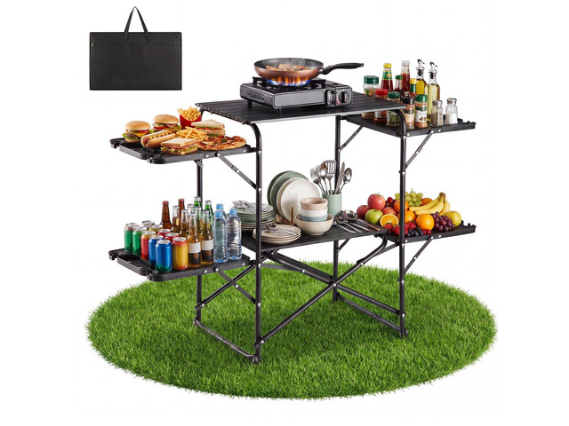 VEVOR Camping Kitchen Table, Slim-Fold Cook Station, Portable Folding Table, with 4 Side Tables, Heat Resistant Tabletop, and Carrying Bag, Ideal...