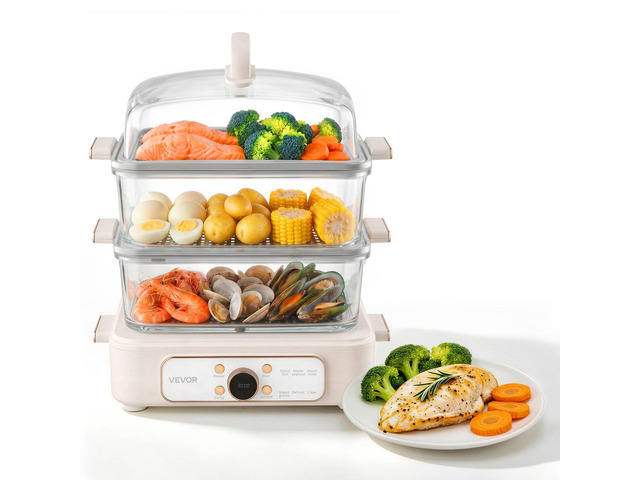 VEVOR Electric Food Steamer 10.6 QT Glass with 3-Tier Stainless Steel Trays, 1200W Vegetable Steamer for Cooking, 2-4 Servings, Pre-Programmed...