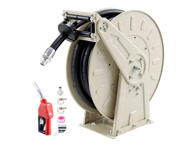 VEVOR Fuel Hose Reel, 3/4 inch x 33 ft Retractable, Spring Driven Auto Swivel Rewind, 300 PSI, Heavy-Duty Carbon Steel Construction with Industrial...