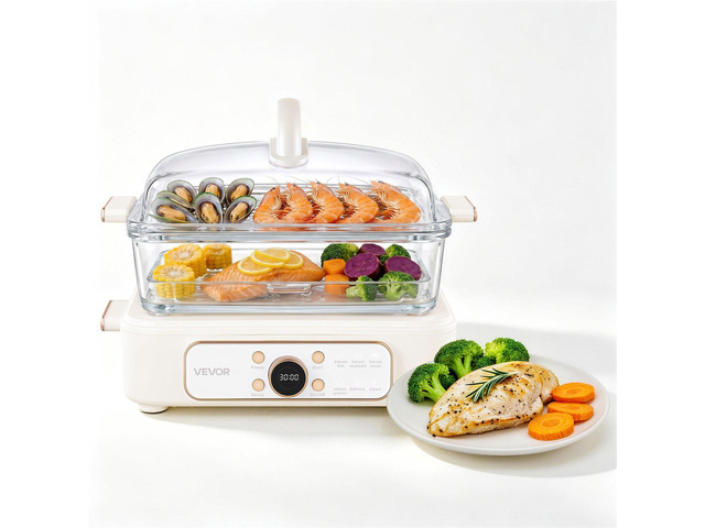 VEVOR Electric Food Steamer 6.3 QT Glass with 2-Tier Stainless Steel Trays, 1200W Vegetable Steamer for Cooking, 1-3 Servings, Pre-Programmed...