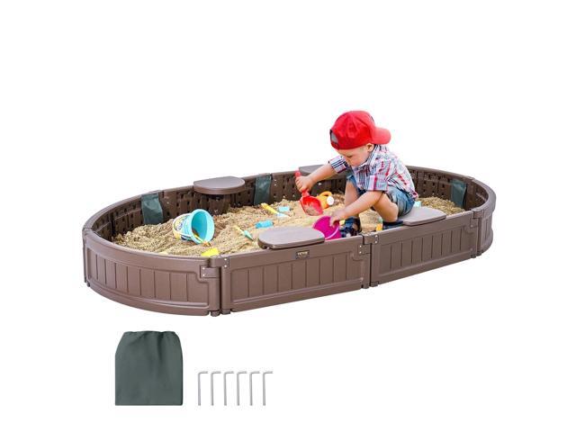 Sandbox with Cover, 72 x 41.5 x 9.1 in Oval Sand Box, HDPE Sand Pit with 4 Corner Seating and Bottom Liner, Kids Sandbox for Outdoor Backyard,...