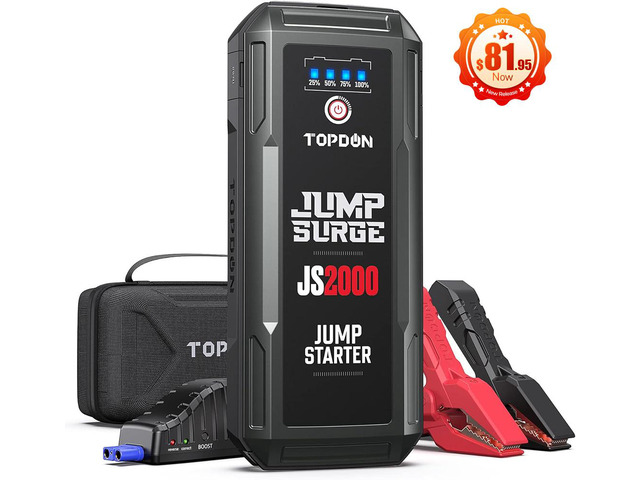TOPDON JS2000 Car Battery Jump Starter 2000A 12V Portable Battery Booster Jump Starter Pack with Jumper Cables and EVA Protection Case for Up to 8L...