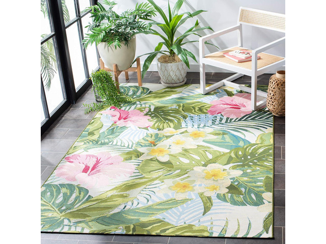 SAFAVIEH Washable Rug Outdoor Barbados Collection - 4' x 6', Green & Pink, Non-Shedding & Easy to Clean, Ideal for Patio, Backyard, Mudroom (BAR516X)