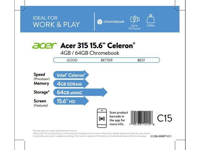 Acer 315 - 15.6' Chromebook Intel Celeron N4020 1.1GHz 4GB RAM 64GB FLASH Chrome (NX. ATDAA.001.HU - CB315-3H-C19A)