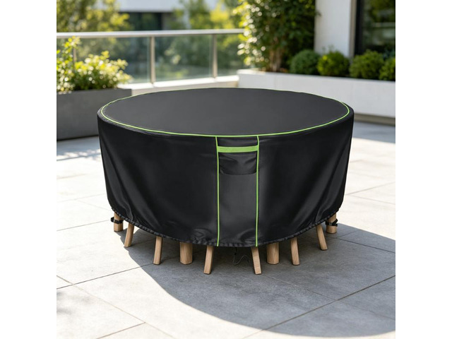 Black Round Patio Table Cover, Tear Resistant Anti-UV All Season Outdoor Protector, Durable Furniture Cover for Garden Round Table and Chair Sets