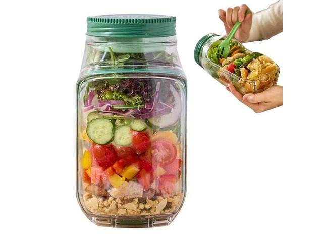 Portable Salad Cup with Fork, LeakProof Clear Food Storage Container with Green Lid, Reusable Meal Prep Jar for Salad, Yogurt Parfait, Oatmeal,...