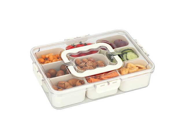 Divided Snack Box with Handle, Portable Compartment Food Storage Container, Reusable Divided Serving Tray with Lid for Fruit, Nut, Snack, Picnic,...