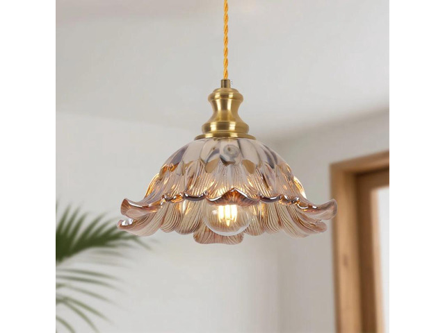 Retro Petal Glass Pendant Lamp, Antique Brass Hanging Ceiling Light, Amber FlowerShaped Glass Shade Decor Lighting for Bar, Cafe, Hallway Home...