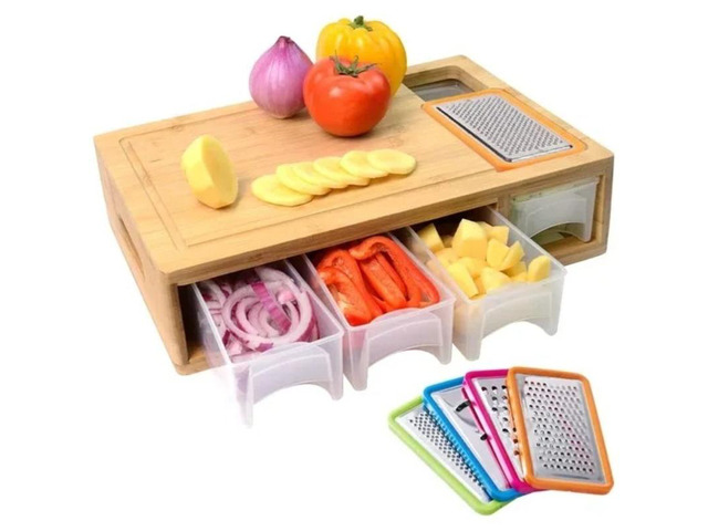 MultiPurpose Bamboo Cutting Board with Removable Storage Trays, Interchangeable Grater Blades Included, SpaceSaving Food Preparation Board for Home...