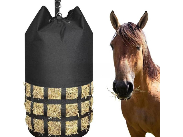 Cylindrical Slow Feed Hay Net Bag, Large Capacity Horse Hay Feeder with Wide Drawstring Opening & Adjustable Hanging Straps, Feeding Bag for...
