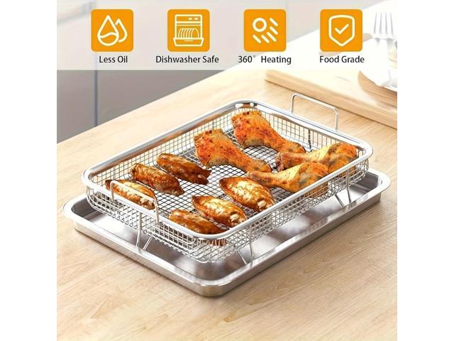 2Pack Stainless Steel Baking Tray with Mesh Basket, Crisper Air Fryer Basket, Rectangular Mesh Drain Basket for Oven Baking Roasting