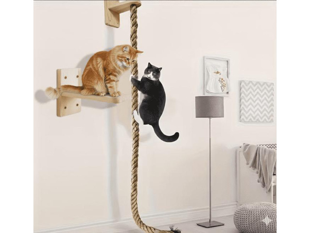 Wall Mounted Cat Climbing Shelf, Integrated Cat Wall Jump Platform Cat Bed with 1.5M Long 3cm Thick Sisal Scratching Rope, Space-Saving Wall Cat...