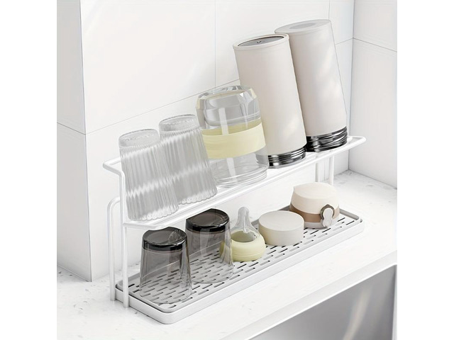 Countertop DoubleLayer Cup Holder, Metal Mug Drying Stand with Drainage Tray, Kitchen Organizer for Tumblers, Mugs and Water Bottles
