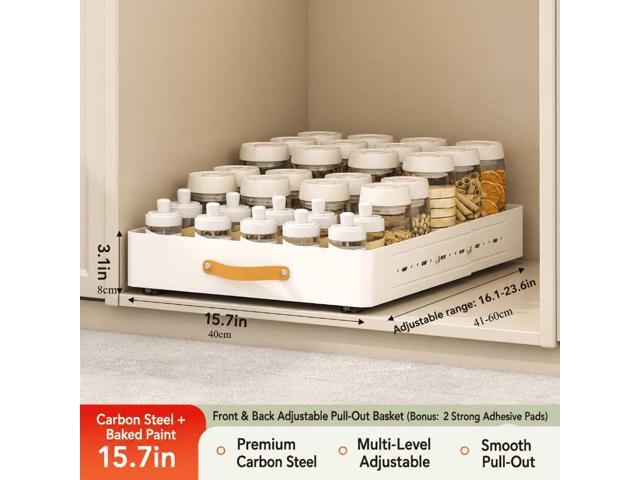 Adjustable PullOut Cabinet Storage Basket, Expandable SlideOut Drawer Organizer, EasyGrip Handle Kitchen Pantry Storage for Cabinets