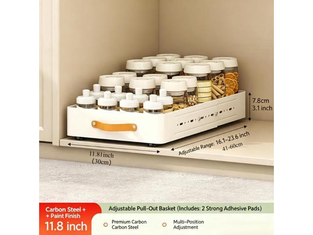 Adjustable PullOut Cabinet Storage Basket, Expandable SlideOut Drawer Organizer, EasyGrip Handle Kitchen Pantry Storage for Cabinets