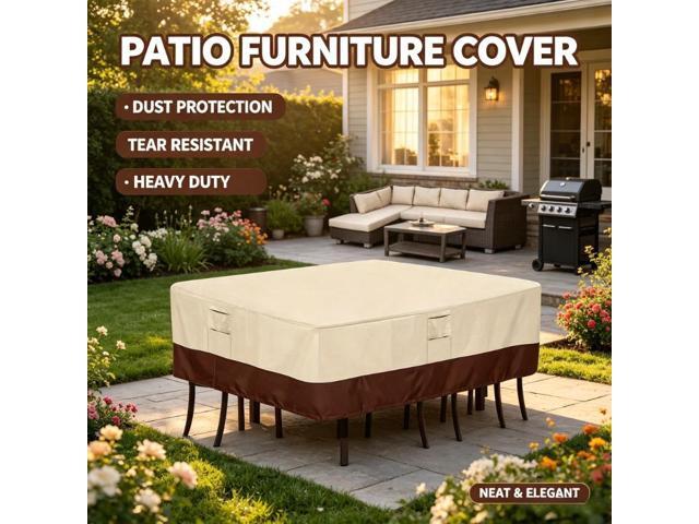 Square Patio Furniture Set Cover, HeavyDuty Oxford Fabric Waterproof UVResistant Beige & Brown Outdoor Table Chair Set Protector