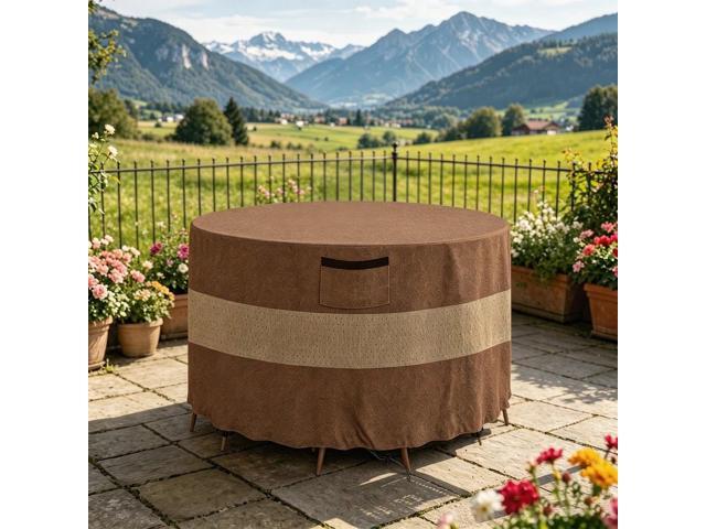 Round Patio Table Cover, HeavyDuty Oxford Fabric Waterproof UVResistant TwoTone Brown & Khaki Outdoor Round Table Chair Set Protector