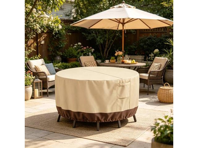 Round Patio Table Cover, HeavyDuty Oxford Fabric Waterproof UVResistant Beige & Brown Outdoor Round Table Chair Set Protector